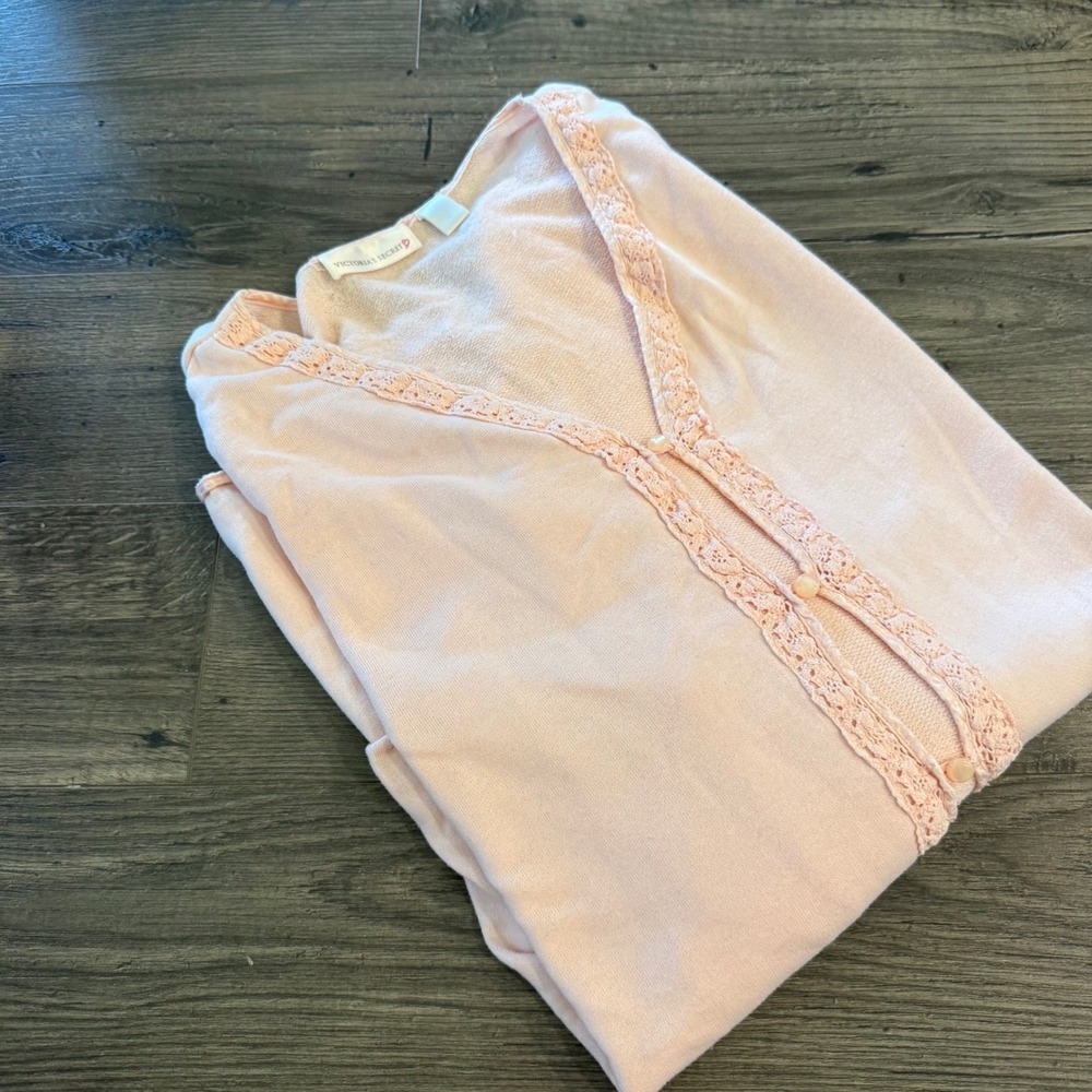 VTG Victorias Secret Pink Knit Cardigan Crochet Lace Trim Vintage XL‎